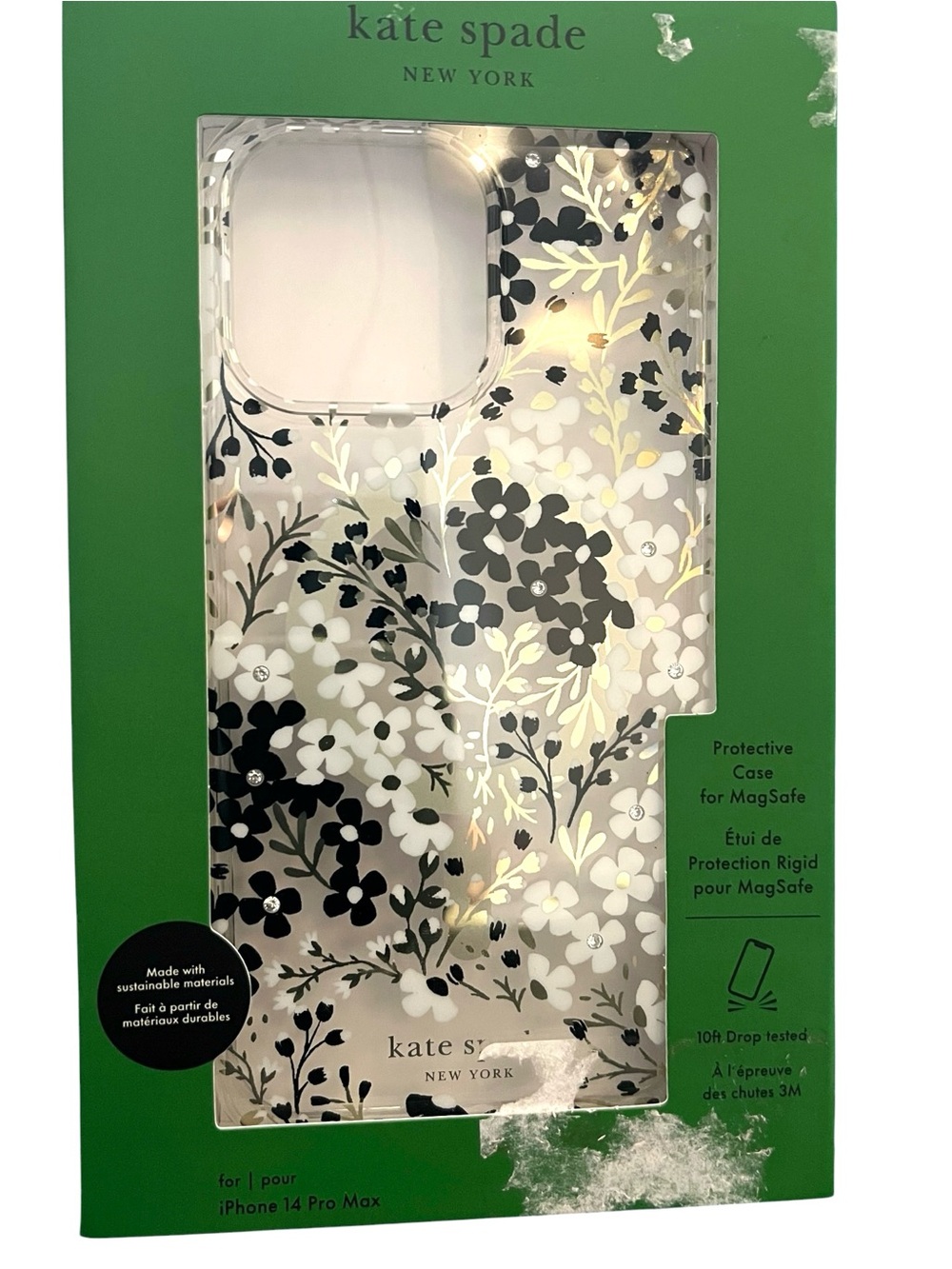 Kate Spade New York‎ iPhone 14 Pro Max MagSafe Case Black White Gold Floral NIB